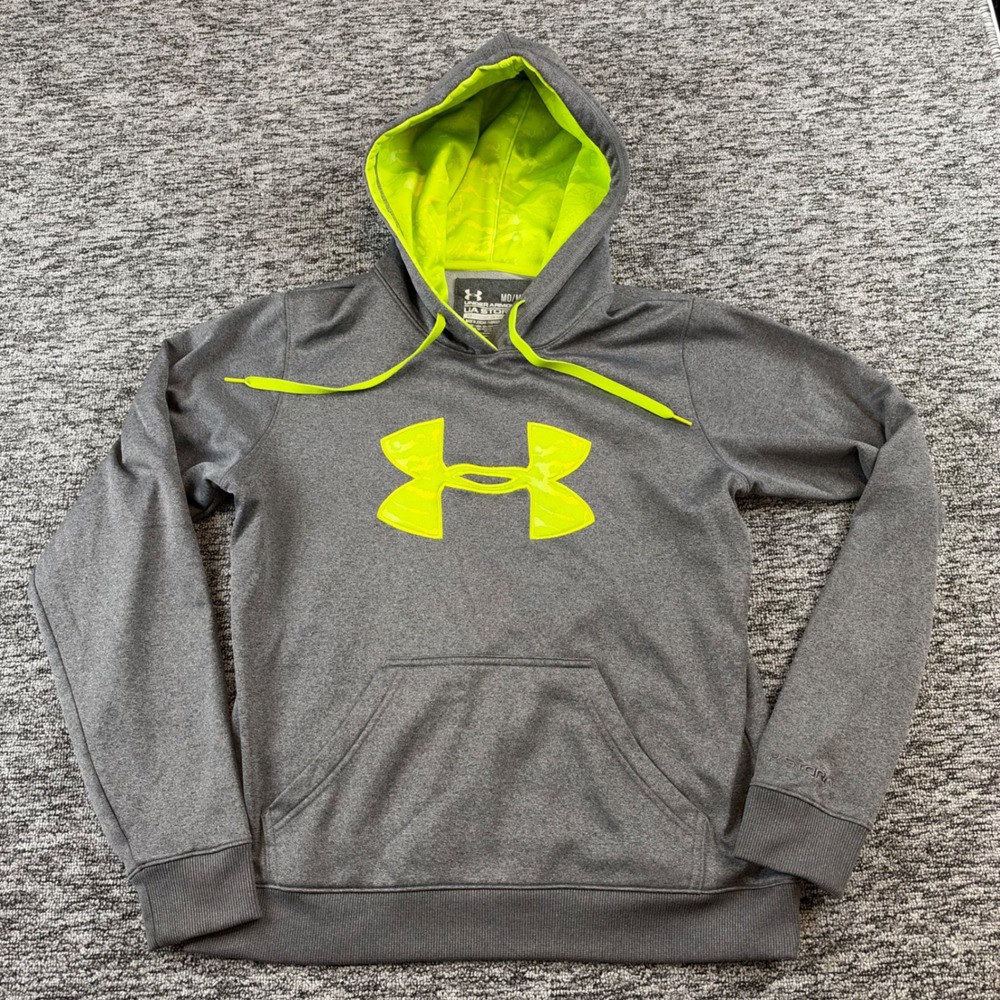 Under Armour Storm Hoodie Mens M Gray Neon Yellow Camo Logo Fleece Pullover